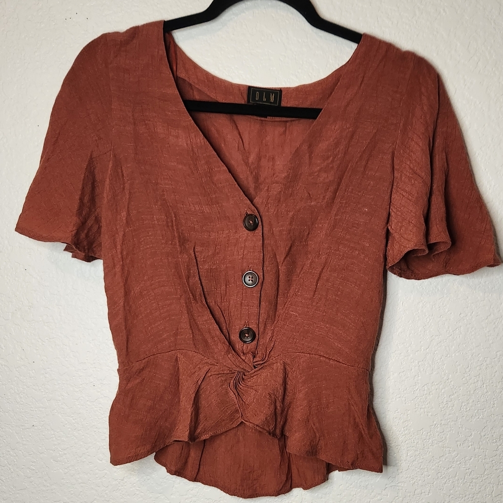 OLM Orange Brown Button Blouse‎ with Three Buttons, Size M